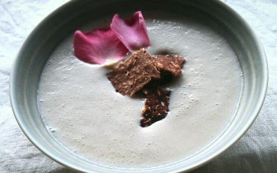 Mandelmælk-stikkelsbær koldskål (og hjemmelavede mandelkokos flakes)