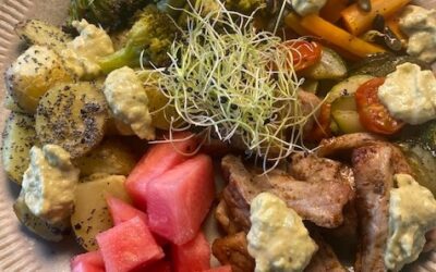 All-in-one-plate med masser af grønt og marineret svinekød!